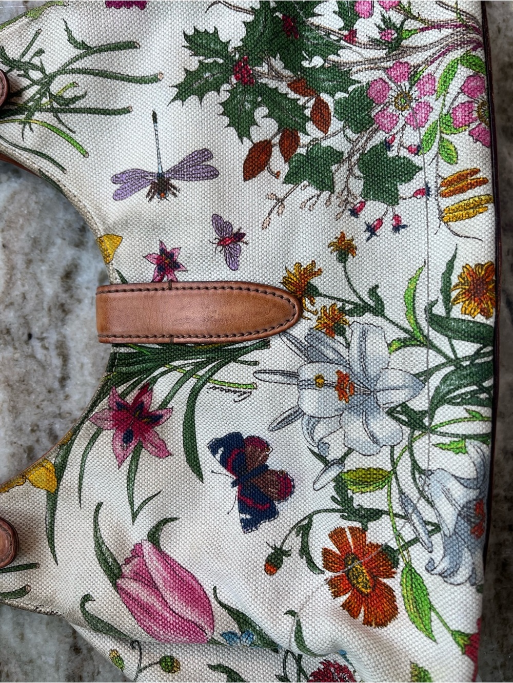 Gucci Flora 2 Handle Purse Canvas Leather Multi Color & Colorful Floral GoldRARE - Picture 9 of 15